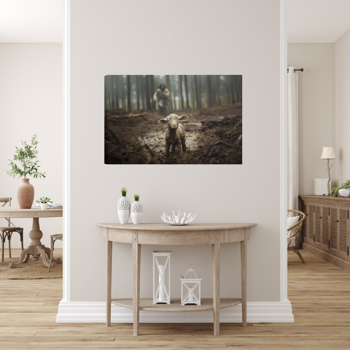 Jesus running after a lamb - Wall Art Canvas