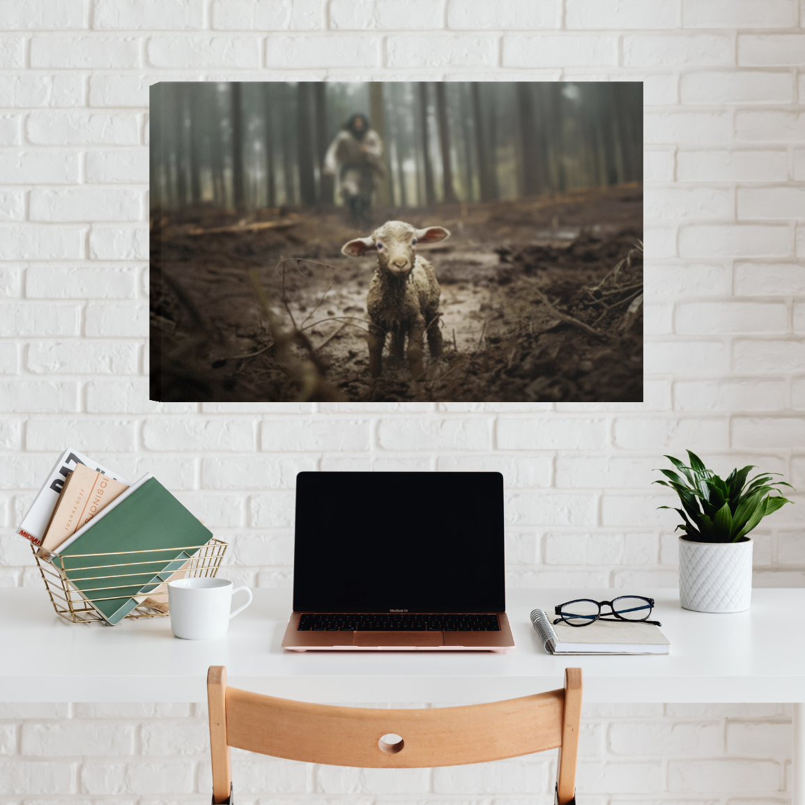 Jesus running after a lamb - Wall Art Canvas