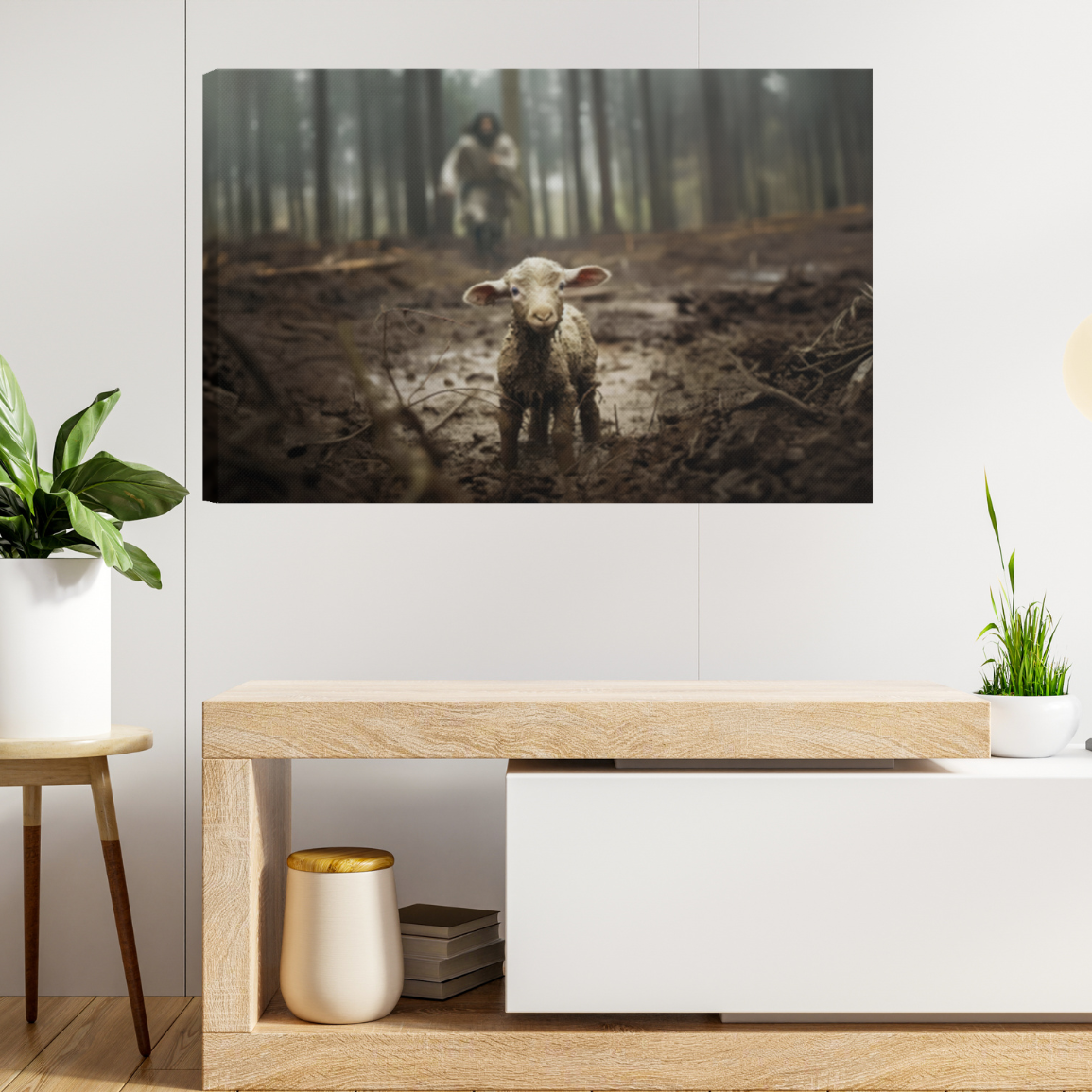 Jesus running after a lamb - Wall Art Canvas