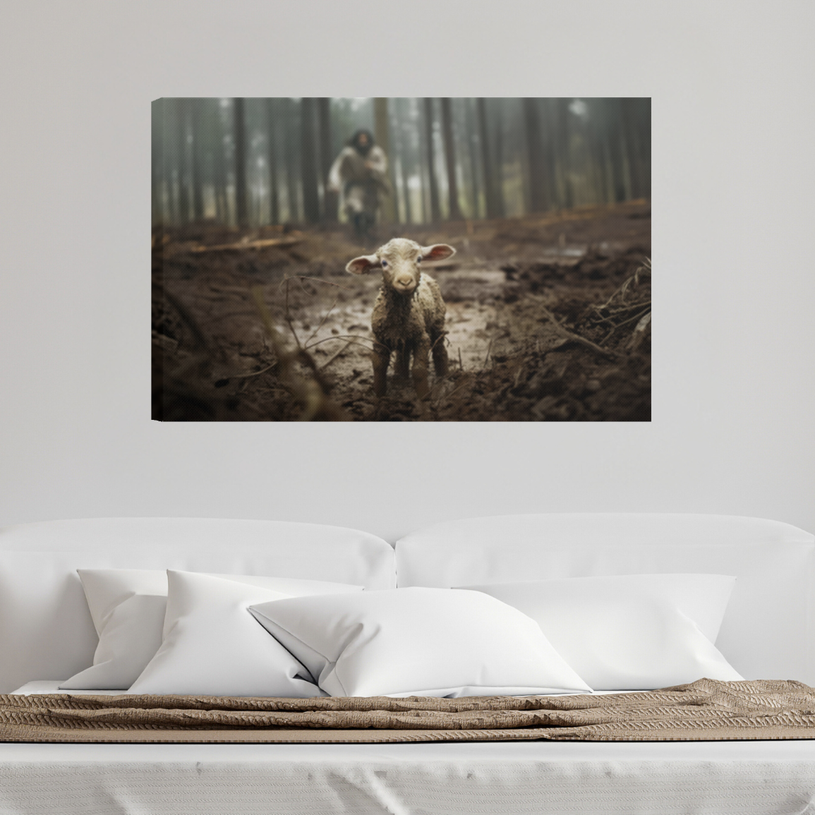 Jesus running after a lamb - Wall Art Canvas