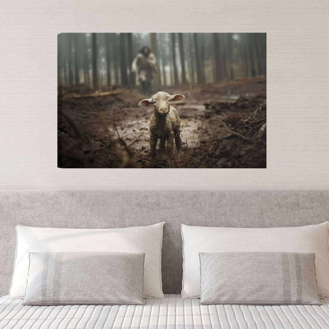 Jesus running after a lamb - Wall Art Canvas